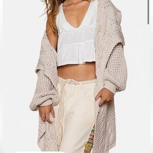 POL Twist Weave Shawl Collar Balloon Sweater Cardigan In Beige Size S.